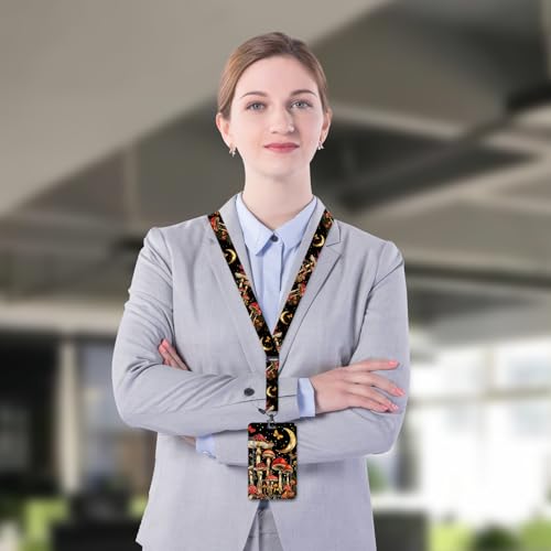 HAKUNEI Mushroom Moon ID Badge Holder with Lanyard Starry Sky and Moon Retractable Badge Reels with Lanyards Mushroom Adjustable ID Badge Clip for Women Teacher Nurses Doctor Student Gift - color: Mushroom Moon
