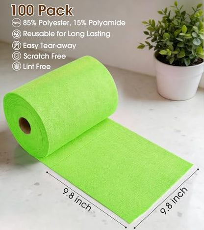 KitchLife Microfiber Cleaning Cloth Roll, 100 Pack - Tear-Away Microfiber Paper Towels, Lint-Free, Reusable, Washable for Kitchen, Car, Dishes, and Sensitive Surfaces (Neon Green) - color: Neon Green, size: 100 Pack