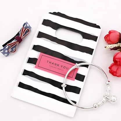 MOCCNORA 100 Pack Plastic Thank You Merchandise Bags with Die Cut Handles - color: BlackStripe, size: 5.9x7.8 Inch