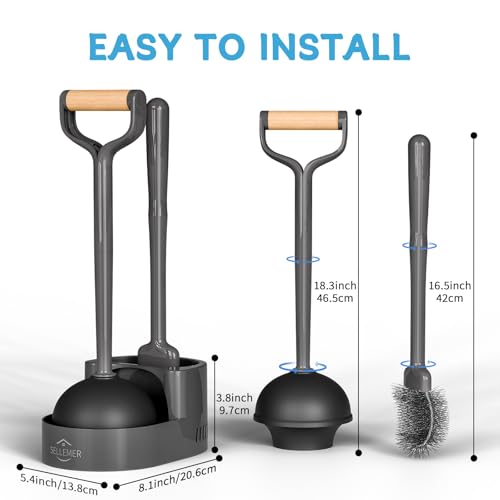 Sellemer Toilet Brush and Plunger Set, Curved Head for Deep Cleaning, Grey - color: Gray