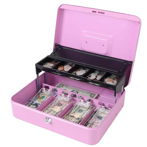Jssmst Metal Cash Box with Money Tray and Lock, Portable Cash Drawer, 11.8" - color: Light Purple Key