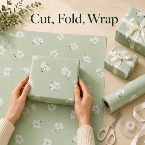 Ulmasinn Reversible Wrapping Paper Roll - 17” x 16.4 Ft, Double Sided Floral & Light Green for Gift Wrapping, Wedding, Baby Shower, Birthday - color: Light Green Floral