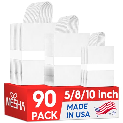 MESHA White Paper Gift Bags with Handles, 90 Pack, 3 Sizes (5/8/10 Inch) - color: White, size: 1 Count (Pack of 90)
