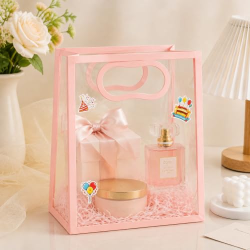 SHIPKEY 10 PCS Clear Gift Bags with Handles, Small Pink PVC Party Bag - color: Pink - Small