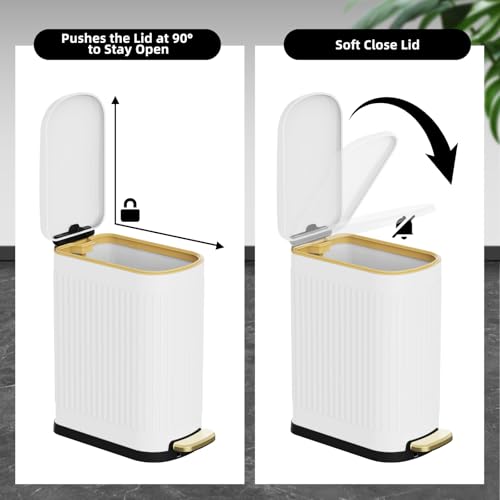 KSSKSS 2.6 Gallon Slim Bathroom Trash Can with Soft Close Lid, 10L Stainless Steel Garbage Can with Removable Liner Bucket, for Narrow Spaces, Bathroom, Bedroom (White) - color: White