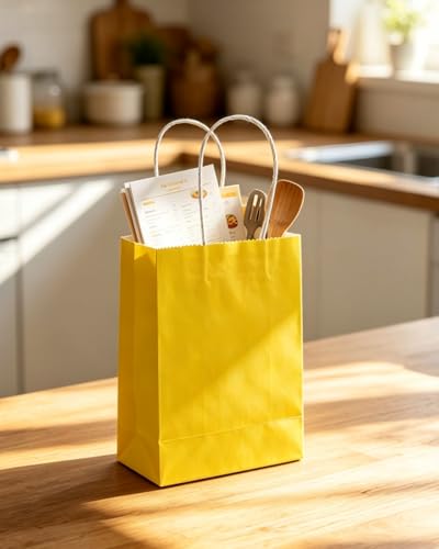 qiqee 24PCS Mini Gift Bag with Handles Bulk 4.5"x2.5"x6" Gift Bags Bright Yellow Bags Multiple Uses - color: Bright Yellow
