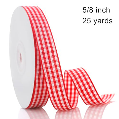 QingHan Red and White Gingham Ribbon: 5/8 Inch 25 Yards for Crafts Gift Wrapping - color: Red/White