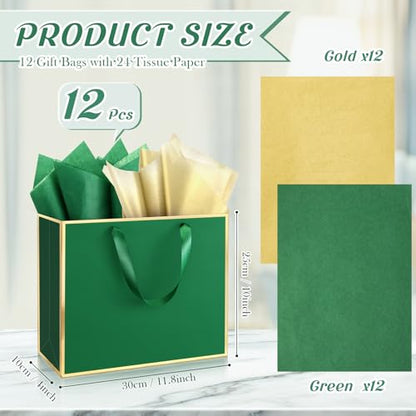 ReliThick 12 Pack Paper Gift Bag with Handles & Tissue, Green, Gold - color: Green, Gold