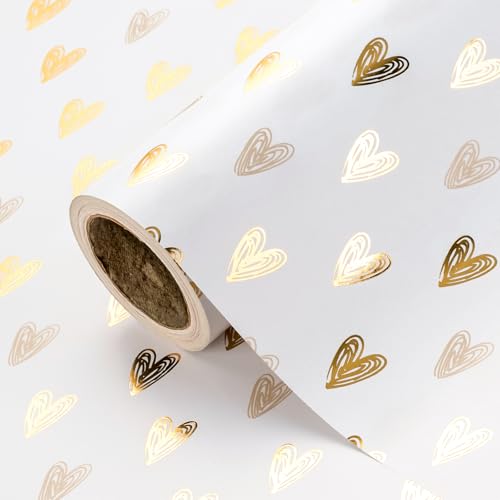 WRAPAHOLIC Heart Wrapping Paper Roll - Mini Roll - 17 Inch x 16.5 Feet - Gold Foil Heart Design for Valentines Day, Wedding, Bridal Shower, Birthday, Baby Shower - color: Pink & Gold - Heart, size: 17 inch x 16.5 feet