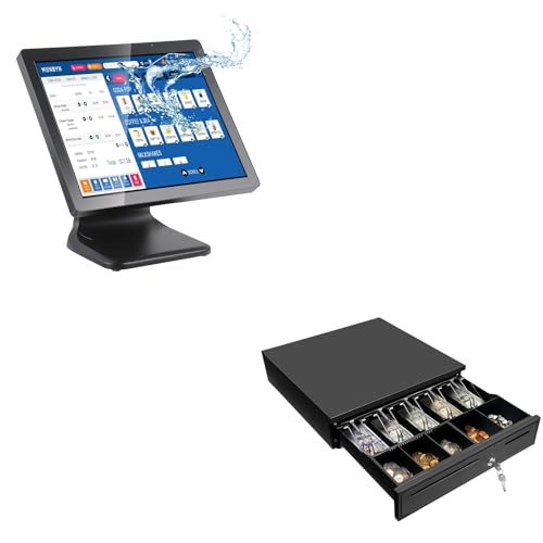 MUNBYN POS Touch Screen Monitor 17-inch 400 nits Flat Capacitive LED Touchscreen Monitor POS System and Black Cash Register Drawer, 16" Wide Cash Drawer with Removable Coin Tray