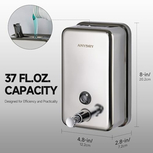 anydry Commercial Soap Dispenser Wall Mount, Polished Stianless Steel Finish Manual Liquid Soap Dispenser - 37oz (1100ml) Model AD1003