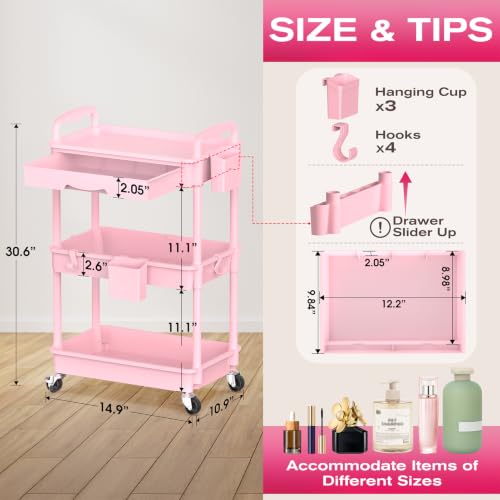 Goovilla Rolling Makeup Organizer Cart with Removable Drawer, 3 Tier Pink - color: Pink, size: 3 Tier