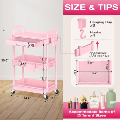 Goovilla Rolling Makeup Organizer Cart with Removable Drawer, 3 Tier Pink - color: Pink, size: 3 Tier