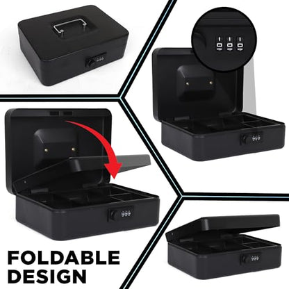 Darice Cash Box - Large Money Safe - Black Stainless Steel - Mechanical Key Lock - Removable Money Tray - Handle (7" x 9.7" x 3.5") - size: Large