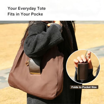 Foldable Nylon Tote Bag w/Keychain Lightweight Reusable Shopping Bag - color: Brown