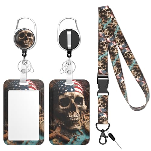 Retractable Badge Holder with Detachable Lanyard, American Skull - color: American Skull