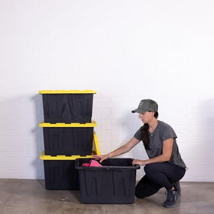 Plastic 23-Gallon Storage Tote with Lockable Lid, Stackable Tough Regular-Duty Bin for Garage, Tools, and Home Organization (4-Pack) - Black and Yellow - size: 23-Gallon (4-Pack)