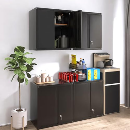 Metal Wall Cabinet, Steel Cabinet Wall Mounted, Lockable Storege Cabinet with Doors and Shelves, Upper Cabinets for Home Office, Pantry, Garage, Black - color: 28"h - Black