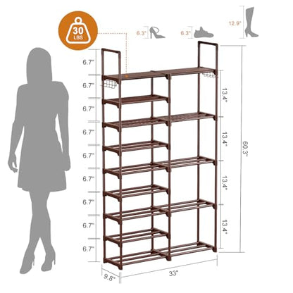 WOWLIVE 9 Tier 2-Column Shoe Rack, 30-35 Pairs Stackable Brown - color: Brown, size: 2 Row 9 Tier