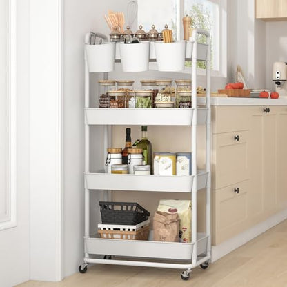 JIUYOTREE 4-Tier Plastic Rolling Storage Cart Utility Cart White - color: White, size: 4-Tier