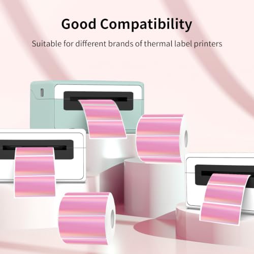 Pink Thermal Label 2x1 Inch- Barcode Labels- Holographic Thermal Sticker Labels for Address, Shipping, Compatible with Rollo Label Printer & MUNBYN& Zebra (300 Sheets/Pink) - color: Holographic Baby Pink, size: 2"x 1"