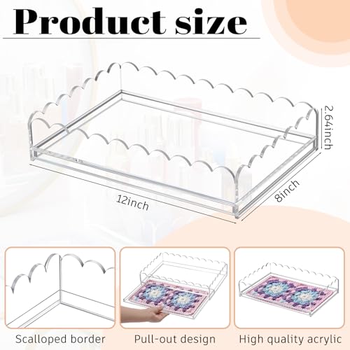 GlikCeil 1 Pcs 12" x 8" Acrylic Scalloped Tray Large Clear Acrylic Tray with Drawer for Insert Customizable Photos, Art, and Fabric Scalloped Basket for Needlepoint Napkin Frame Display Messages - size: 12" X 8"