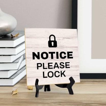 Notice Please Lock 5"x 5" Square Table Sign With Acrylic Easel | General Office Notices & Business Table Signs - color: Notice Please Lock