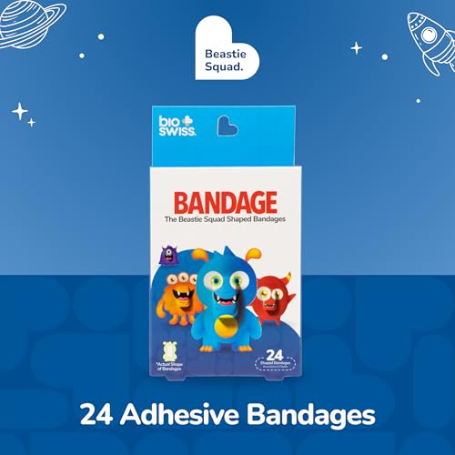 BioSwiss Bandages, Beastie Squad Shaped Self Adhesive Bandage Set, Latex Free, Sterile Wound Care, 24 Count - size: 24-Count Box, style: Beasts