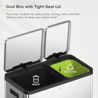 EKO EcoCasa Stainless Steel Dual Step Trash Can for Recycling, 30L+20L Rectangular Kitchen Trash Can, Independent Pedals and Lids, Soft Close and Fingerprint Resistant - color: Stainless Steel, size: 30L+20L
