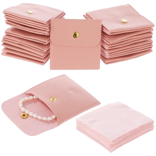 120 Pcs Jewelry Pouches Set, Includes 120 PU Leather Packaging Bags and 120 Cleaning Cloths, Jewelry Organizer Pouches with Snap Buttons, Present Bags for Earrings, Bracelets, Pink - color: pink,240PCS