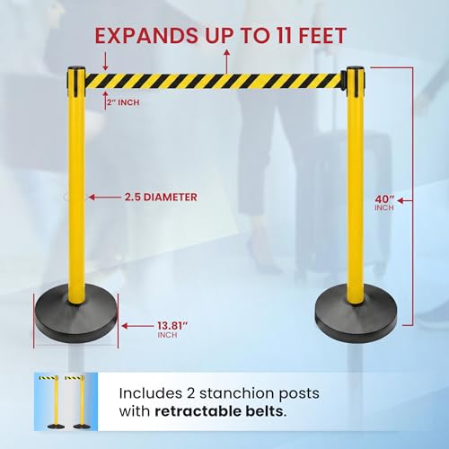 Crowd Control Warehouse 2-Pack Retractable Belt Stanchion Barriers, 11 Ft - color: Black/Yellow Belt, Yellow Post