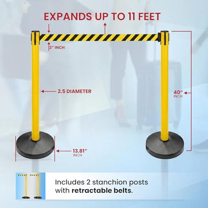 Crowd Control Warehouse 2-Pack Retractable Belt Stanchion Barriers, 11 Ft - color: Black/Yellow Belt, Yellow Post