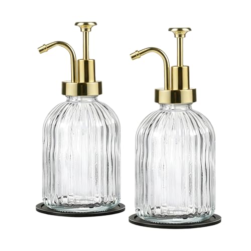 SheeChung 12oz Clear Glass Liquid Soap Dispenser, Gold Pump, Striped,2 Pack - color: Clear, Gold Pump, 2pcs