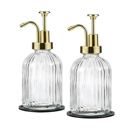 SheeChung 12oz Clear Glass Liquid Soap Dispenser, Gold Pump, Striped,2 Pack - color: Clear, Gold Pump, 2pcs