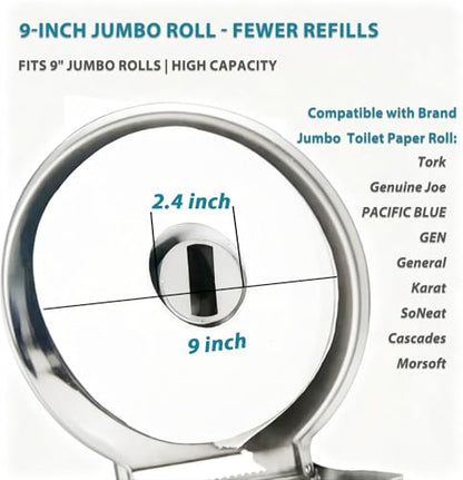 Commercial Jumbo Toilet Paper Dispenser: Wall Mount Stainless Steel 9 Inch - color: Silver