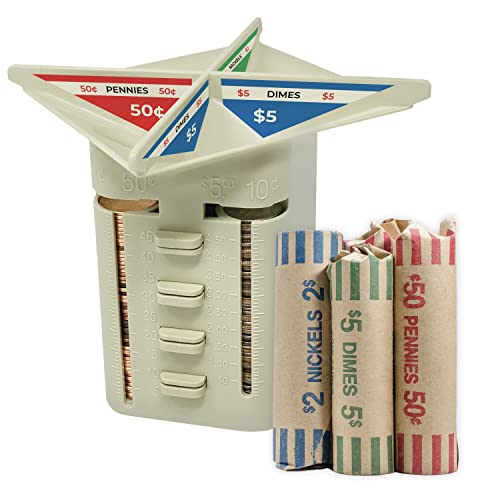 Nadex All-in-One Manual Coin Tender - Counter and Wrapper Tube with 32 Coin Wrappers | Great Storage and Organization Solution | Slots for Pennies, Nickels, Dimes, and Quarters