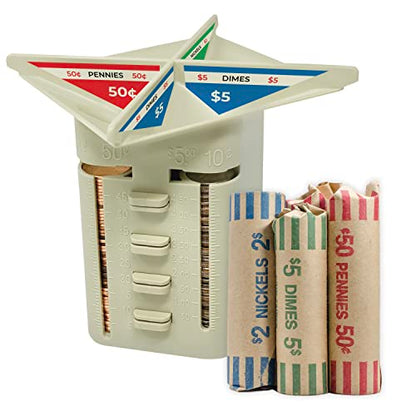 Nadex All-in-One Manual Coin Tender - Counter and Wrapper Tube with 32 Coin Wrappers | Great Storage and Organization Solution | Slots for Pennies, Nickels, Dimes, and Quarters