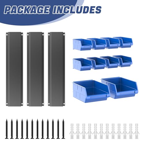 WALMANN Wall Mounted Storage Bins for Small Parts, 10 Bins with 3 Rails - color: Blue