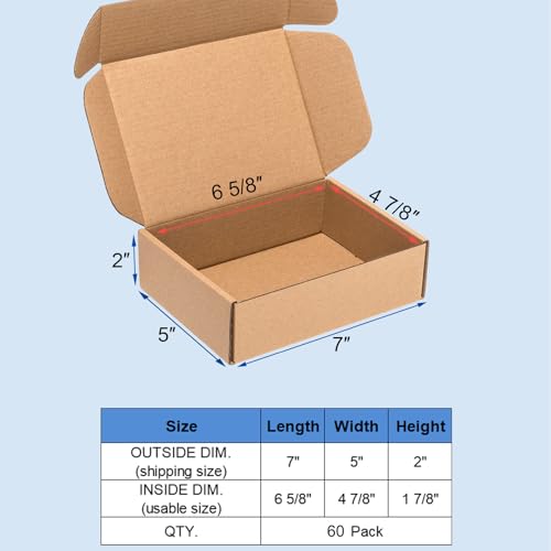 Wowxyz Shipping Boxes 7x5x2" 60 Pack Brown Corrugated Cardboard Box Mailer - size: 7x5x2"