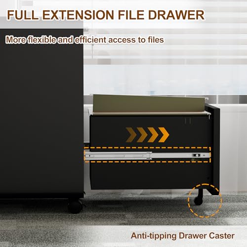 3 Drawer Mobile File Cabinet with Lock, 4 Keys and 25 Letter File Folders - color: Black, size: 23.8"H*15.7"W-3 Drawers(25 letter folders)