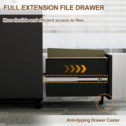 3 Drawer Mobile File Cabinet with Lock, 4 Keys and 25 Letter File Folders - color: Black, size: 23.8"H*15.7"W-3 Drawers(25 letter folders)