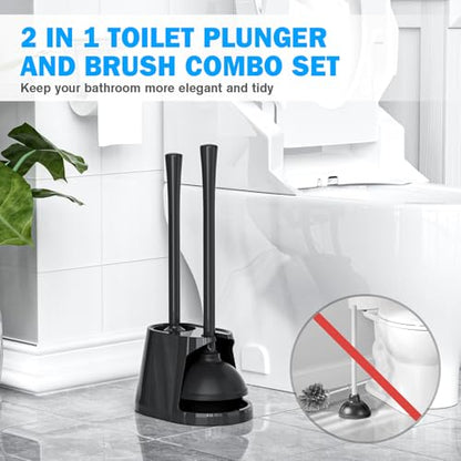 Toilet Plunger and Brush Set, 2 Pack Bowl Brush and Heavy Duty Toilet Plunger with Ventilated Holder, 2-in-1 Toilet Brush and Plunger Combo for 5.3-inch Toilet Drain Bathroom Deeply Cleaning(Black) - color: Style 4