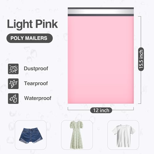 UCGOU Poly Mailers 12x15.5 Inch Light Pink 100 Pack Medium Shipping Bags #5 Strong Thick Mailing Envelopes Self Sealing Adhesive Waterproof and Tear Proof Boutique Packaging Postal for Clothing - size: 12x15.5" 100PC