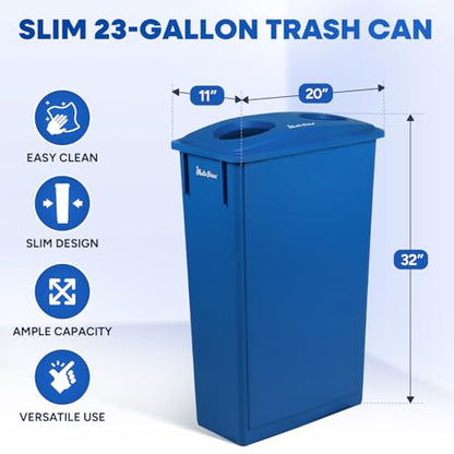 PLASTIC PRINCE 23 Gallon Slim Trash Can with Recycling Lid for Bottles and Cans, Blue Commercial Rectangular Garbage Can, Waste Bin for Home Kitchen Office Cabinet - style: Blue Trash Can with Bottles Lid