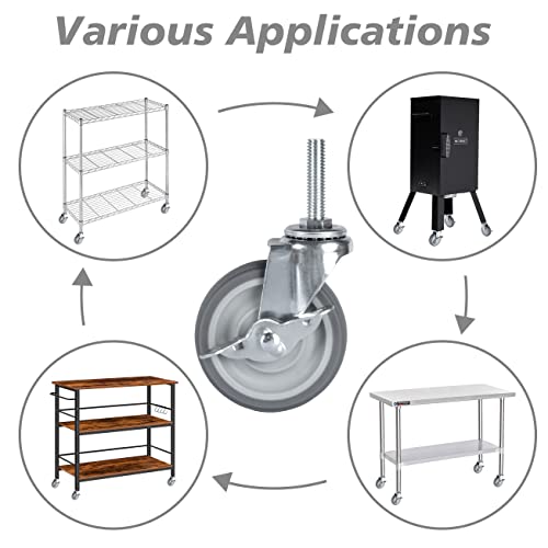 Finnhomy Caster Wheels 3 Inch Set of 4 Heavy Duty Threaded Stem Casters 3/8"-16x1-1/2 Swivel Rubber Industrial Castors Locking Wheels for Wire Shelving/Furniture/Carts Load Bearing 720 Lbs Gray - size: 3/8" -16 x 1-1/2" (with Brake)