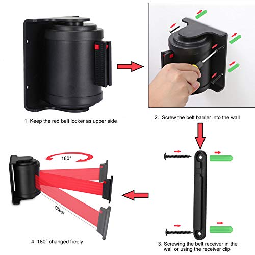 Retractable Wall Belt Barrier, Wall Mounted Crowd Control Barrier with 13 feet Retractable Belt, Braking System and 180° Roating Supported - style: 13 Feet-180° Roating