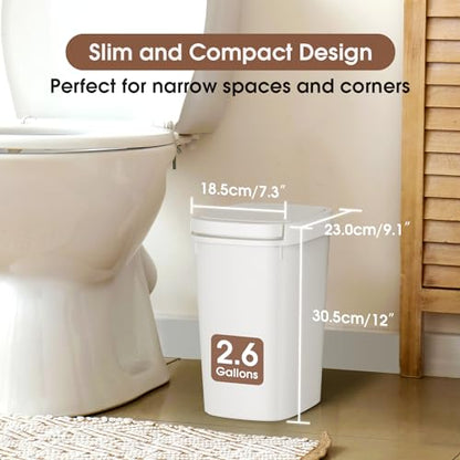 CEROELDA 3 Pack Bathroom Trash Can with Lid, 10L/2.6 Gal Small Garbage Can with Press Top Lid, Slim Plastic Waste Basket for Toilet, Office, Bedroom (White, 3 Pack) - color: 3 Pack-White