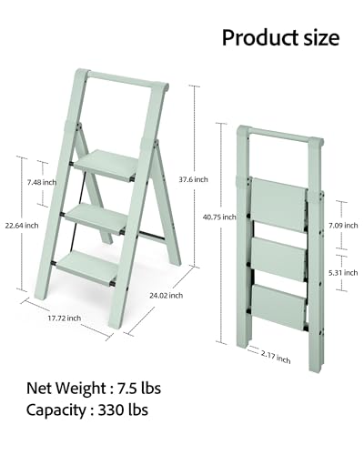 Taranta 3 Step Ladder,Aluminum Step Stool Foldable-Fairyland Green - color: Fairyland Green, size: 3 Step