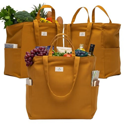 Nook Theory 3-Pack Reusable Grocery Bags - Heavy Duty, Large 12 Oz Cotton Canvas Reusable Shopping Bags With Pockets, 100% Cotton Cloth Grocery Totes, Foldable Multi Compartment (Caramel) - color: Caramel