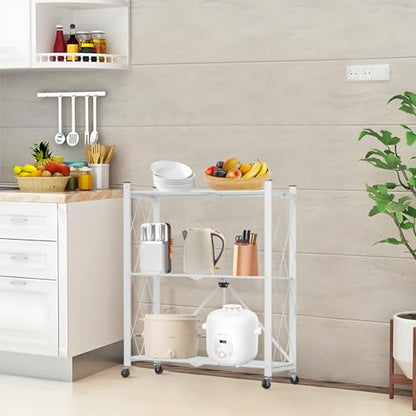 3 Tier Foldable Storage Shelf with Wheels Heavy Duty Garage Shelving - color: White, size: 3 Tier